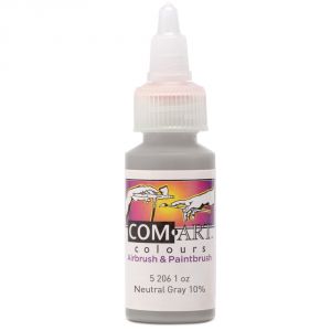 Com Art Colours Water-Based Acrylic Opaque Neutral Gray 10% 1oz For Airbrush And Paintbrush